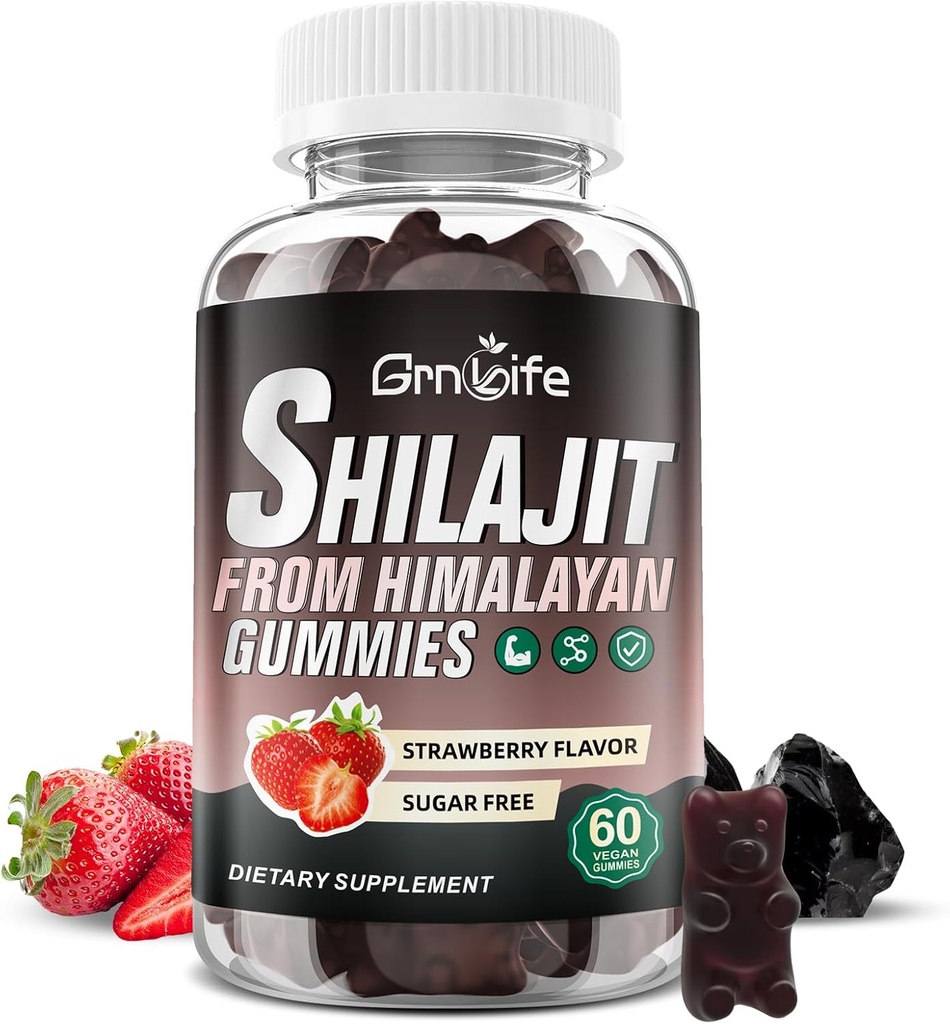 Shilajit Gummies for Men & Women, 1000MG Shilajit Supplement with 85+ Trace Minerals & Fulvic Acid for Energy, Immunity, Sugar-Free, Strawberry-60 Count