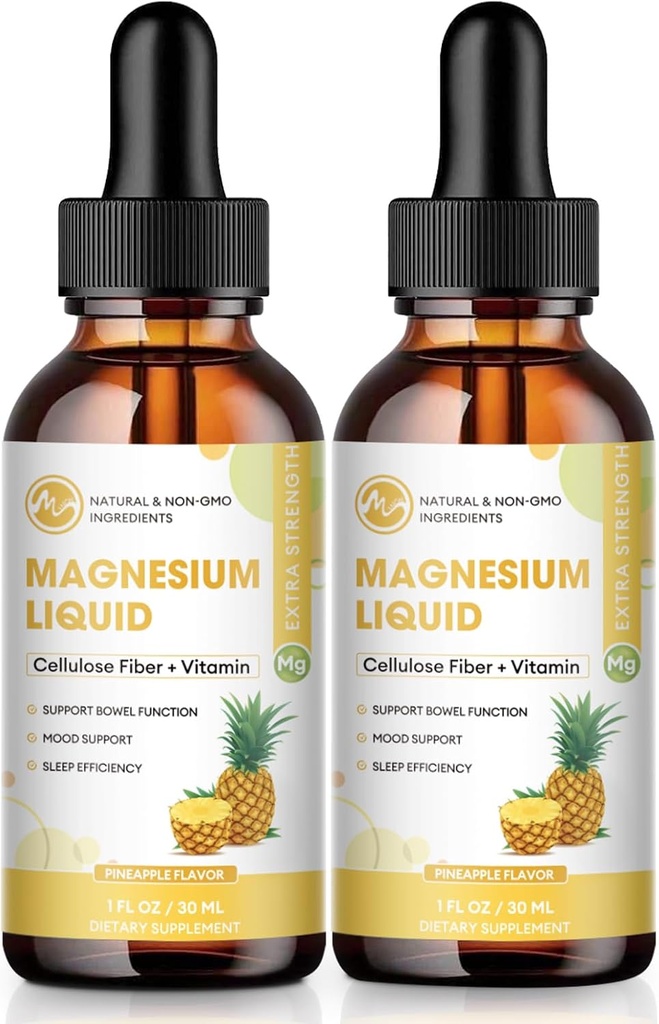 M inch Magnesium Glycinate Liquid Drops, Magnesium Liquid Supplement with Cellulose Fiber, Bromelain, Vitamin B6, C, D, Zinc, Support Night, Muscle, Relax, Bone, Mood, Pineapple Flavor, 2 Pack