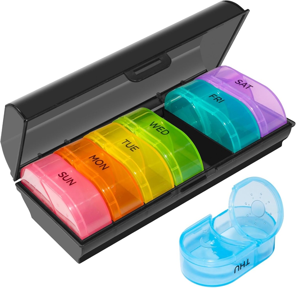 XL Weekly Pill Organizer 2 Times a Day, Pill Box 7 Day with One-Side Large Opening Design for Easy Filling, Black Privacy Protection AM PM Pill Case for Vitamins/Fish Oils/Supplements