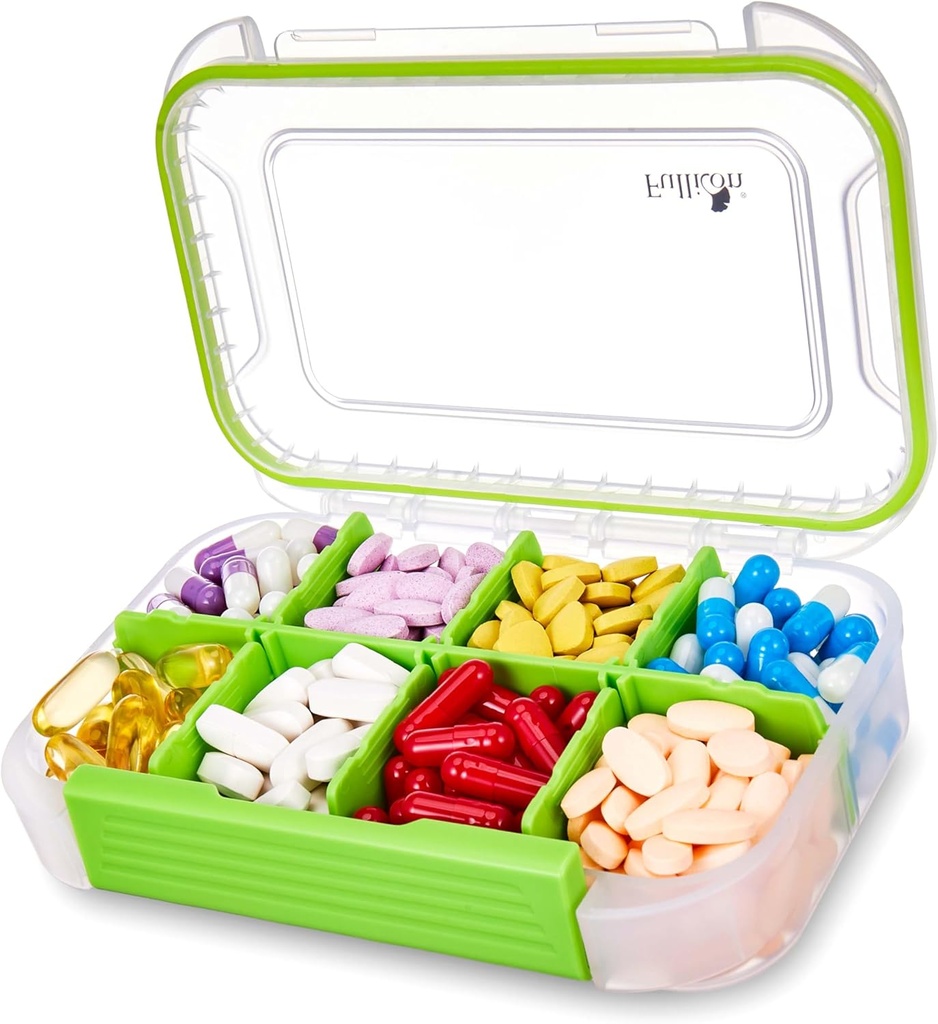 Fullicon Large Pill Organizer with 8 Compartments, Moisture Proof Travel Pill Box with Removable Divider, Daily Pill Container with Lables, Pill Case for Vitamin, Fish Oil, Supplement (Clear Green)
