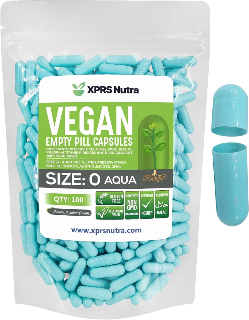 XPRS Nutra Size 0 Empty Capsules - 100 Count Empty Vegan Capsules - Vegetarian Pills - DIY Vegetable Capsule Filling - Veggie Pill Caps for Do-It-Yourself Supplements (Aqua)