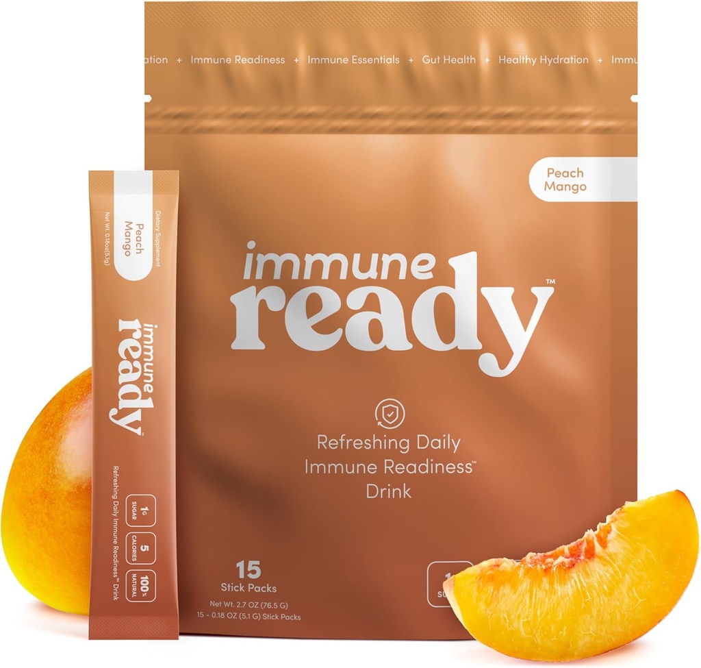 Immune Ready™ Immunity Boost Drink Mix with Vitamin C, D3, Zinc Picolinate, Inulin, Beta Glucan & Electrolytes - Delicious & Refreshing Sugar-Free Immune Booster - Peach-Mango Flavored - 15 Servings