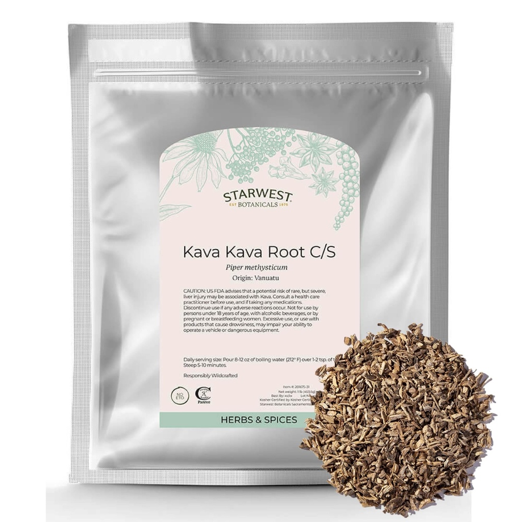 Starwest Botanicals Kava Kava Root - Dried Herb for Tea & Beverages, Natural Piper Methysticum, Wildcrafted, Cut & Sifted, Certified Kosher - Bulk 1 lb Bag