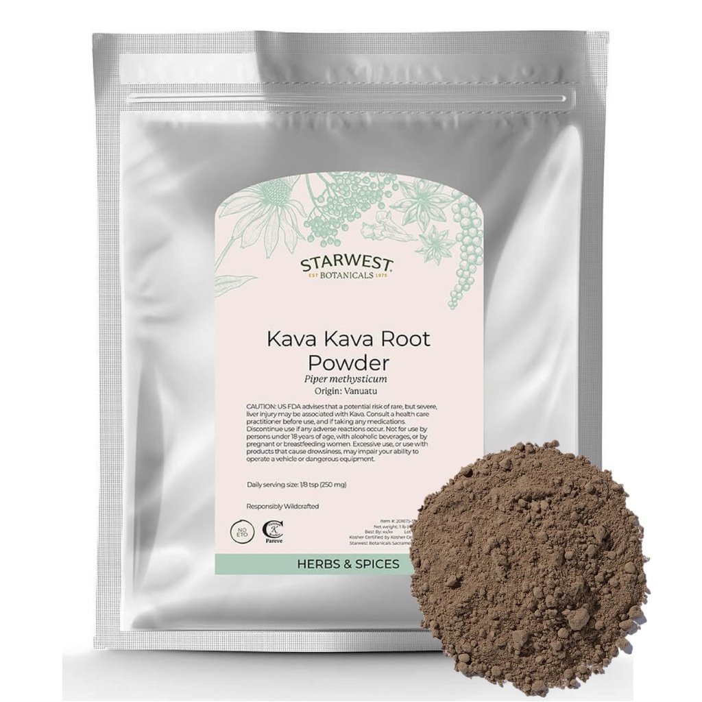 Starwest Botanicals Kava Kava Root Powder - Dried Herb for Tea & Beverages, Natural Piper Methysticum, Wildcrafted, Finely Ground, Certified Kosher - Bulk 1 lb Bag