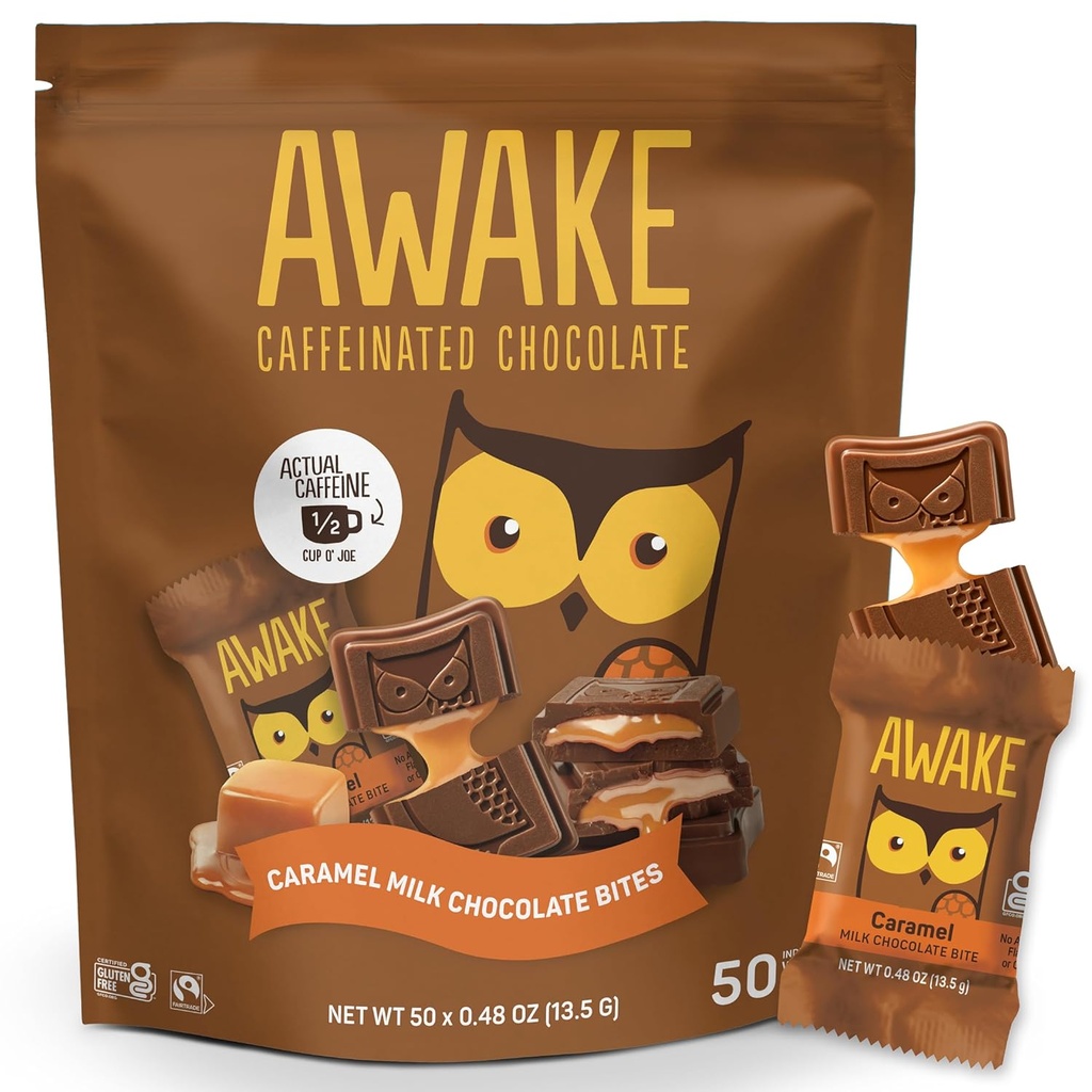 [BRSRMFIYBAJRY2Y3] AWAKE - Caffeinated Chocolate Bites - Caramel Milk Chocolate, 50 Bites - 50mg Caffeine - Individually Wrapped Energy Bites - Coffee Alternative - Fairtrade, Gluten Free, Non GMO - 0.48oz