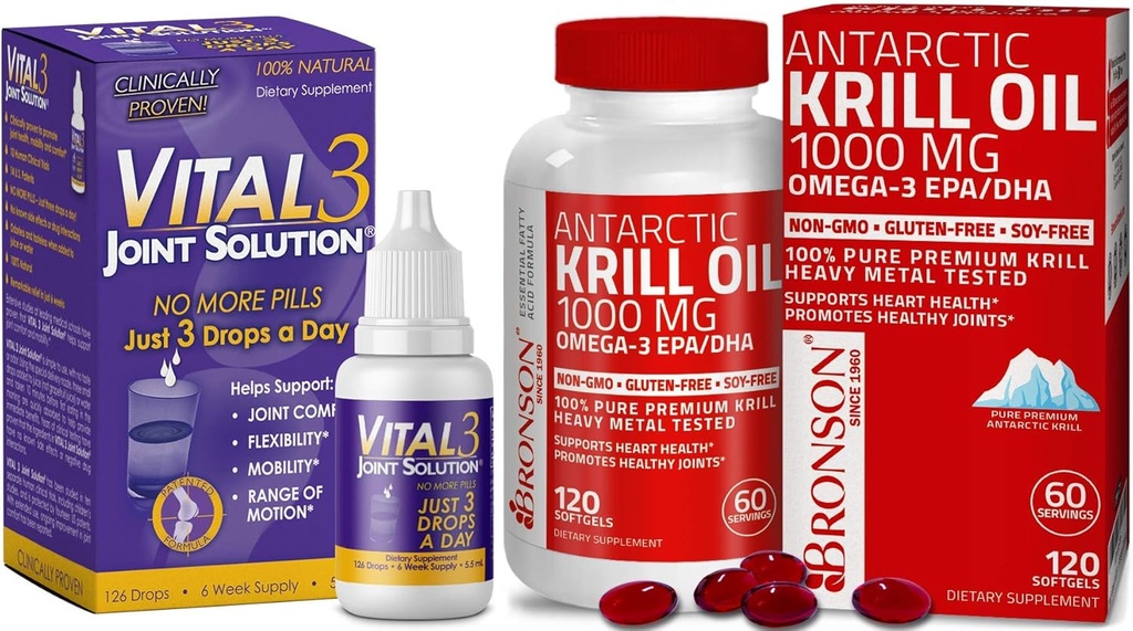 Vital 3 Joint Solution® Clinically Proven Liquid Knee Relief + Antarctic Krill Oil 1000 mg with Omega-3s EPA, DHA