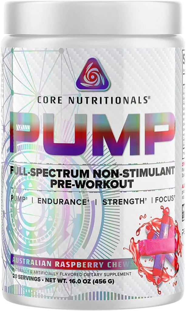 Core Nutritionals Pump Full-Spectrum Non-Stimulant Pre-Workout, with N03T Nitrate, Peak02, Alpha GPC, for Maximum Pump, Strength, and Performance 20 Servings (Austrailian Raspberry Chews)