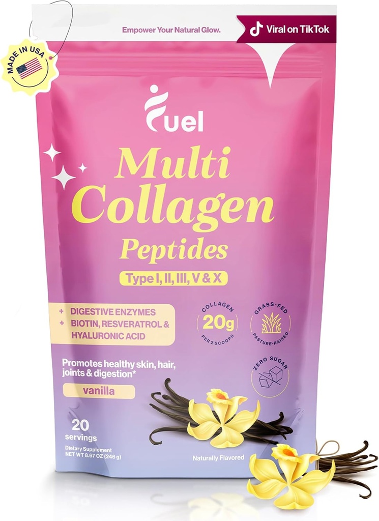 Fuel Multi Collagen Peptides Powder – 20g Hydrolyzed Collagen I, II, III, V & X for Hair, Skin, Nails & Joint Support – Better Absorption – Keto & Gluten Free, French Vanila 8.67oz
