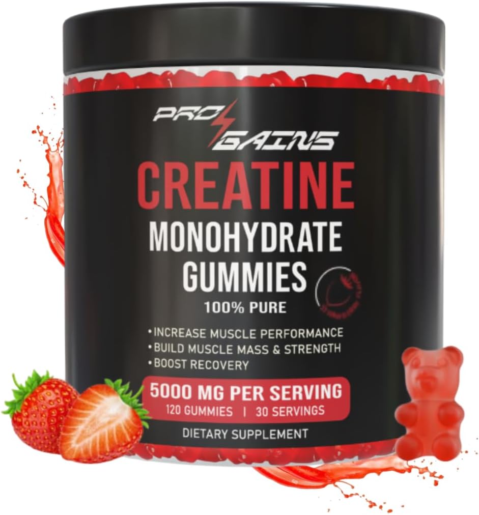 Creatine Monohydrate Gummies - 120 Gummies / 30 Servings | Strawberry Flavor | for Muscle Mass & Strength | 100% Pure - Zero Sugar