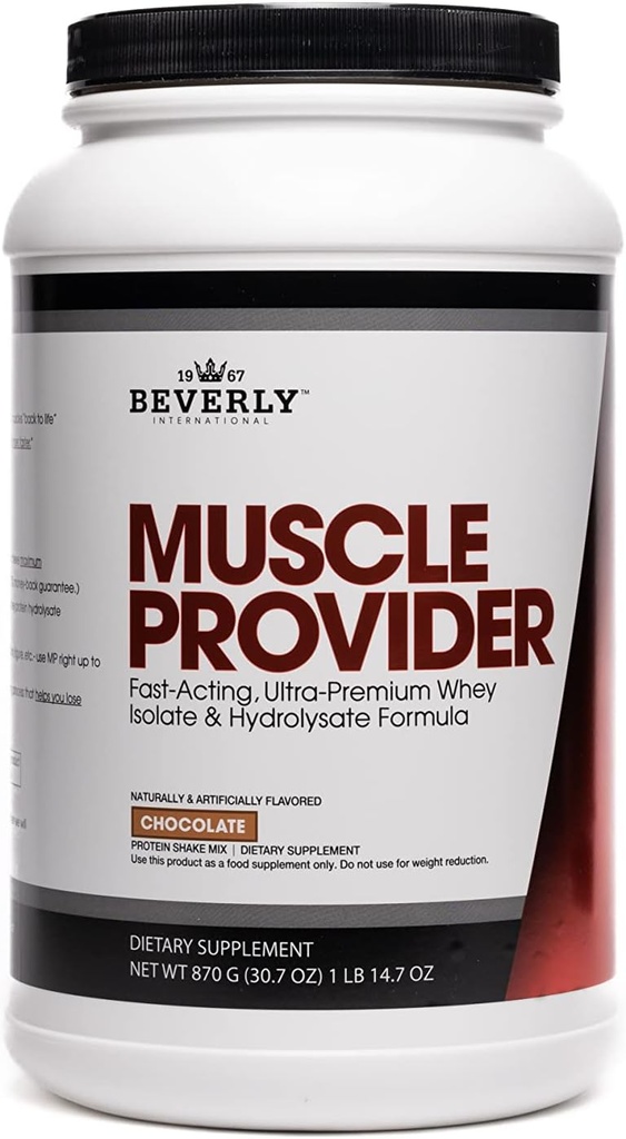 Beverly International Muscle Provider, 30 Servings, Chocolate. Super-Fast-Absorbing Whey Protein Powder for Recovery, Lean Muscle. Fills Your Muscles, not Your Stomach. Tastes Like ice Cream