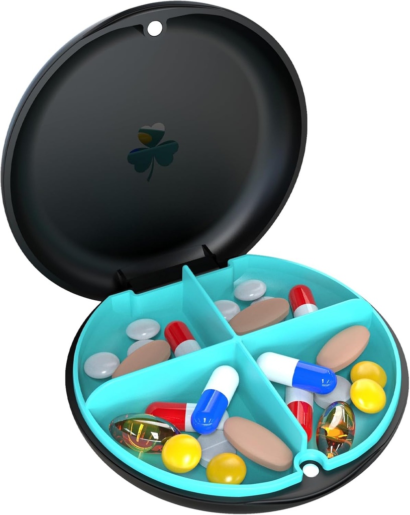 4 Compartment Small Pill Box, Moisture Proof Pill Case, Travel Pill Organizer for Pocket Purse, Daily Portable Medicine Vitamin Box, Fish Oil Box, Supplement Box (Black+Cyan)