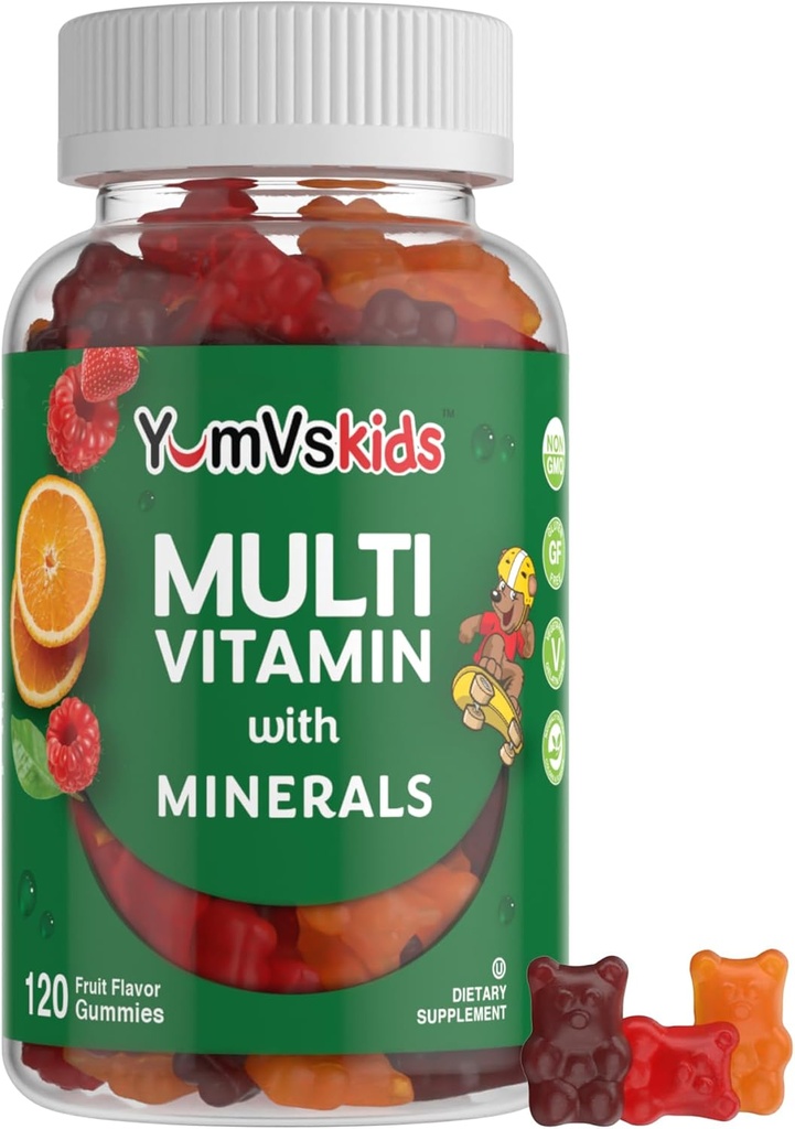 YumVs Kids Multivitamin Gummies - Fruit Flavored Chewable Children's Multivitamin - Kids Vitamins Multivitamin Gummy with 12 Minerals & Vitamins A C D3 E B6 B12 (120 Count (Pack of 1))