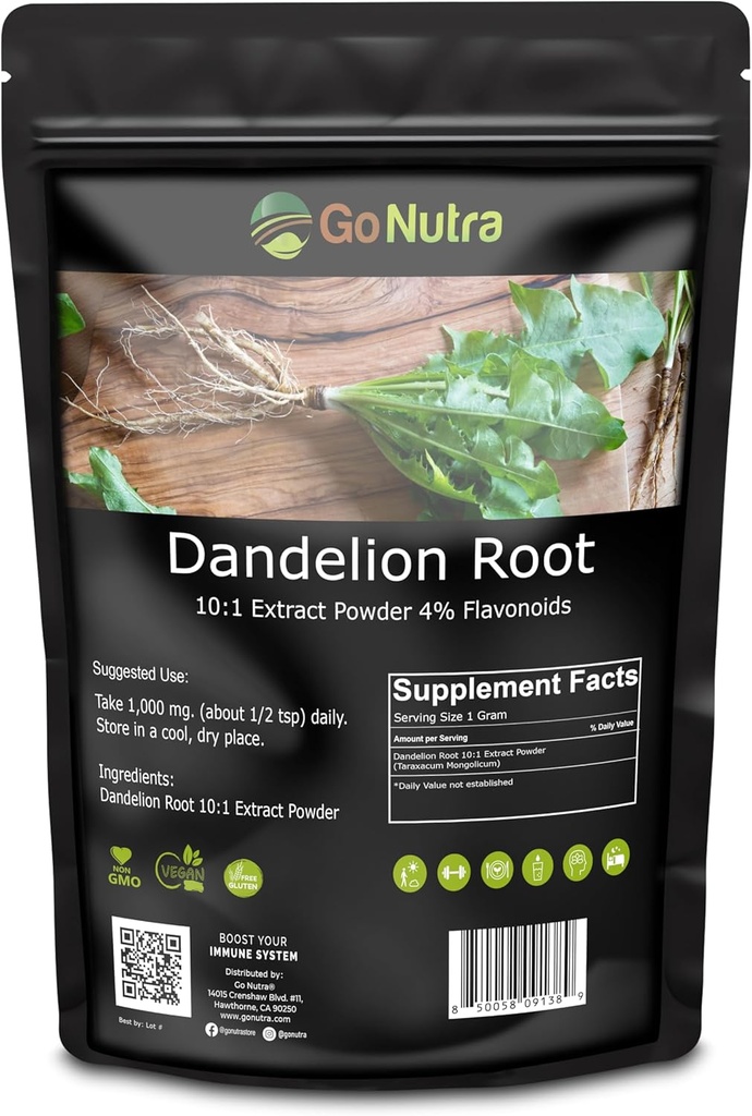 Go Nutra Dandelion Root Extract Pure Powder for Tea & Beverages | Dandelion Root Powder, Caffeine Free & Natural | Antioxidants, Digestion & Immune System | Non-GMO, Vegan | 16 Ounce (1 lb)