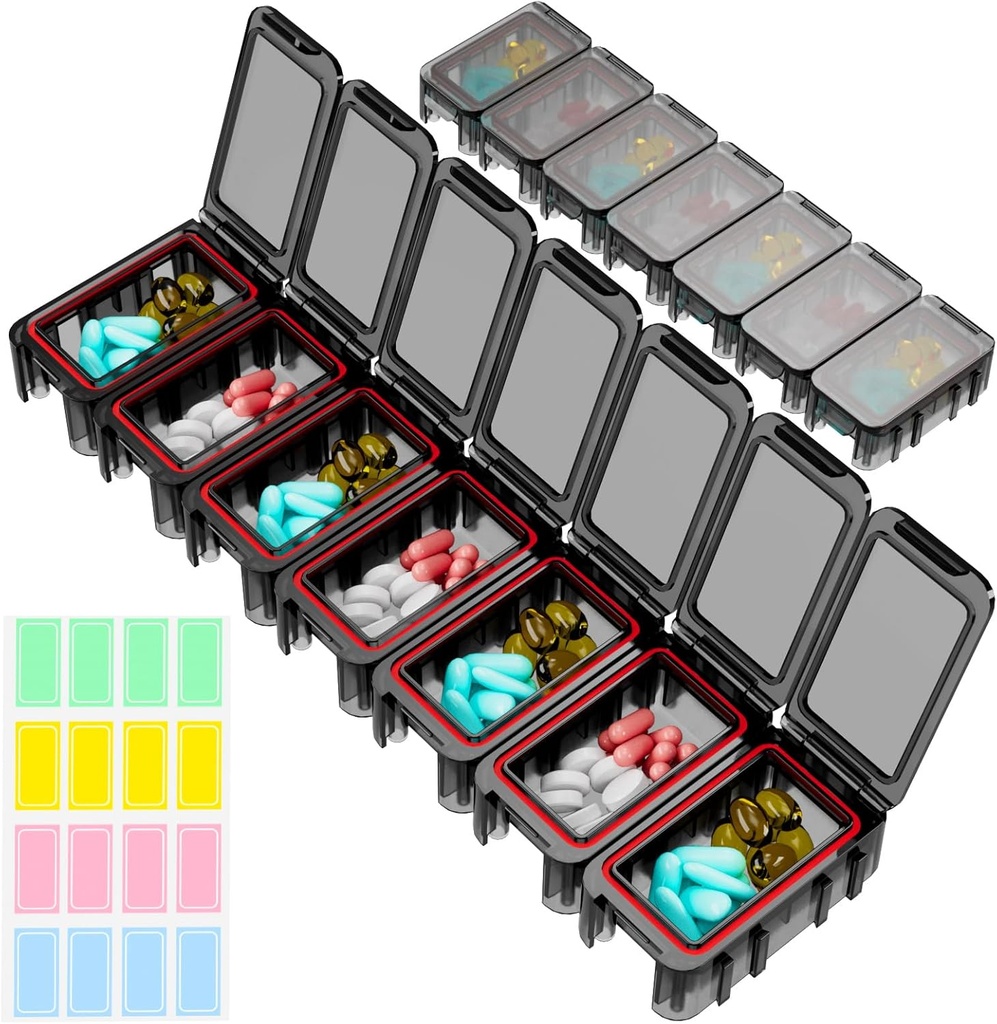 Restree Weekly Pill Organizer, 7 compartments Portable Pill Box One Time a Day, Moisture-Proof Travel Pill Case, Pill Storage Box for Vitamin, Medicine, Fish Oil/Supplements (Black)
