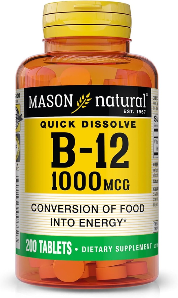 MASON NATURAL B12 1000 mcg Quick Dissolve Tablets for Healthy Conversion of Food into Energy, 200 Day Supply