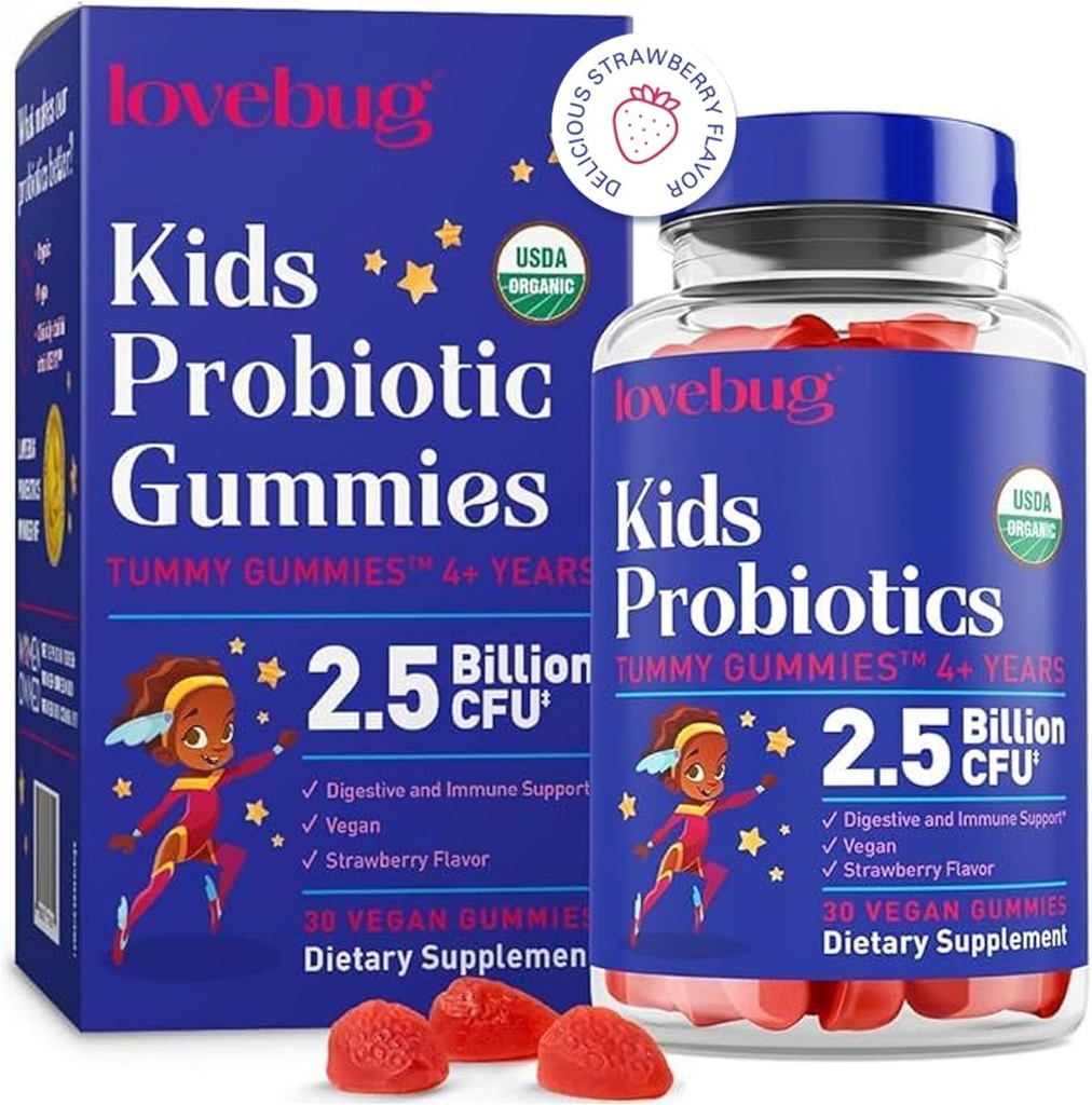LOVEBUG Kids Probiotic Gummies – Organic Chewable Probiotics for Kids Aged 4+, Soil- Based Children’s Probiotic for Gut Health,Constipation,Digestive & Immune Support, Vegan, 30 Chews, Strawberry