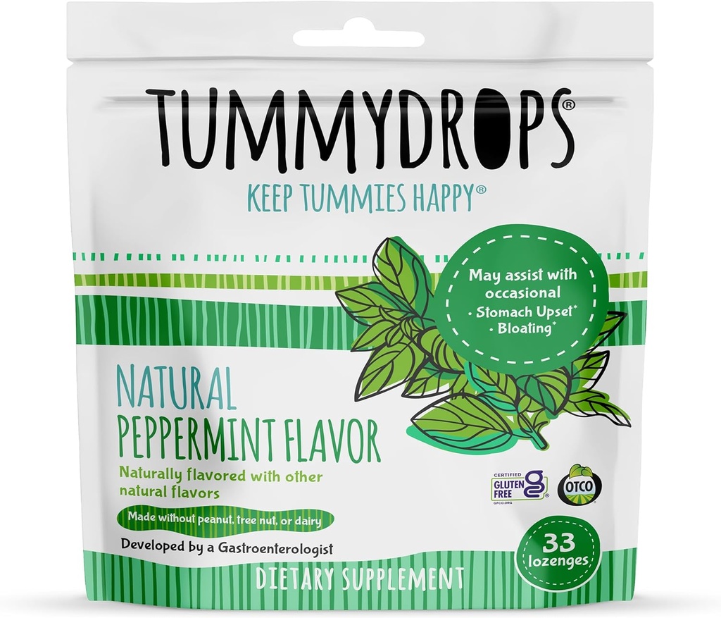 [BRSWIZQLBN6GI2TY] Tummydrops, Natural Peppermint, Gluten Free & Vegan, 33 Individually Wrapped Pure Peppermint Oil Lozenges Made with Organic Ingredients