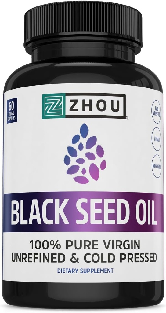 Zhou Black Seed Oil Capsules - Black Cumin Seed Oil Cold Pressed, Nigella Sativa, Pure Unrefined Blackseed, Premium Supplement for Health, Hair & Skin w/ Thymoquinone - 60 Capsules (Pack of 1)