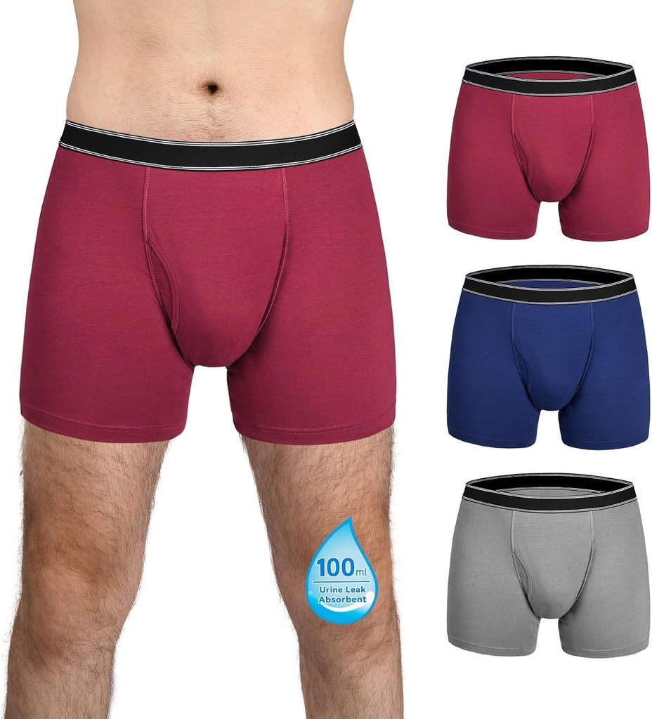 Washable Incontinence Underwear for Men Cotton Boxer Briefs 100ml Absorbency Mens Leakproof Underwear