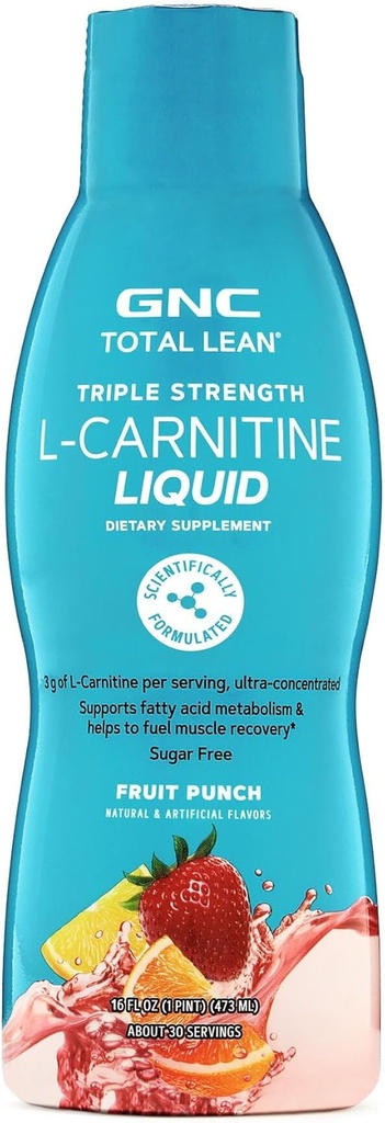 GNC Total Lean Triple Strength L-Carnitine Liquid | Supports Fatty Acid Metabolism and Helps to Fuel Muscle Recovery, Sugar Free | Fruit Punch | 16 fl.oz