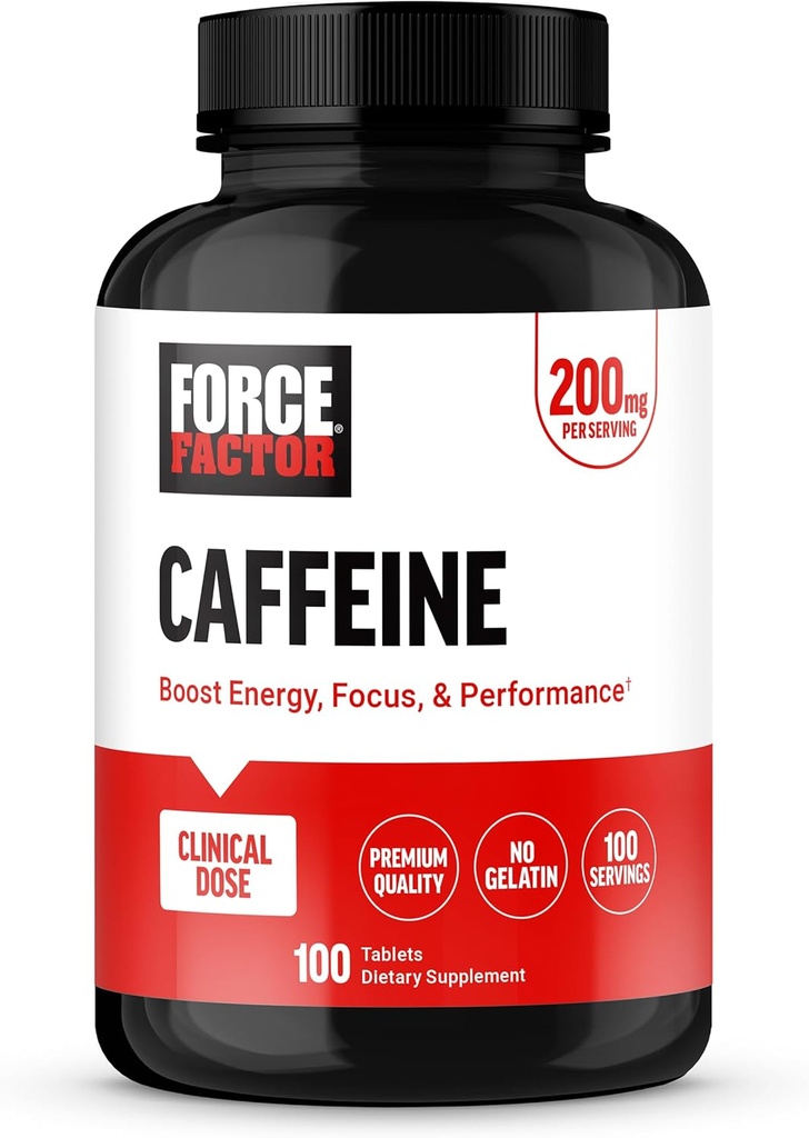 Force Factor Caffeine Pills 200mg, Boost Energy, Focus, Strength, and Performance, Premium Quality Tablets, Energy Support Supplement, 100 Tablets