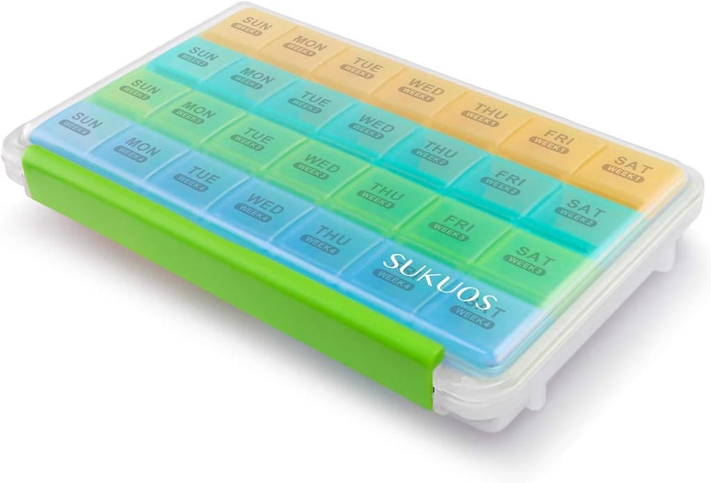 [BRSWGBQQDMNQ2FDD] Sukuos Monthly Pill Organizer 28 Day Easy to Open, Large Moisture-Resistant Pill Box Cases with Dust-Proof Box and Clear Lid for Vitamin/Fish Oil/Supplements