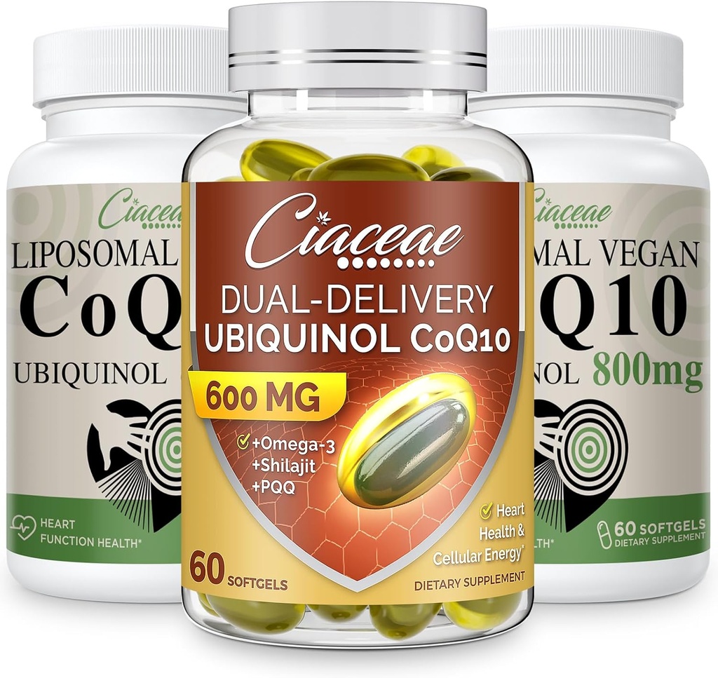 Liposomal CoQ10 800mg 2PCS Bundle with Ubiquinol CoQ10 600 MG Softgels with Omega-3 & Shilajit & PQQ 1PCS