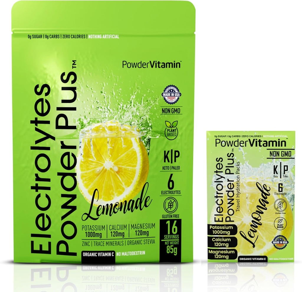 PowderVitamin Electrolytes Powder Plus, Keto, Lemonade, Sugar Free, Pink Himalayan Salt, 1000mg Potassium, 120mg Calcium, 120mg Magnesium, Non-GMO, Zero Calories, (16 Hydration Packets)