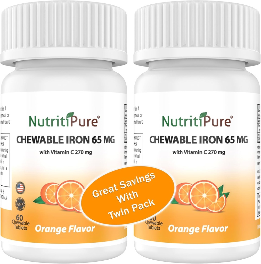 Chewable Iron 65 mg with Vitamin C 270 mg - Tablet in Orange Flavor 60 Count (2)