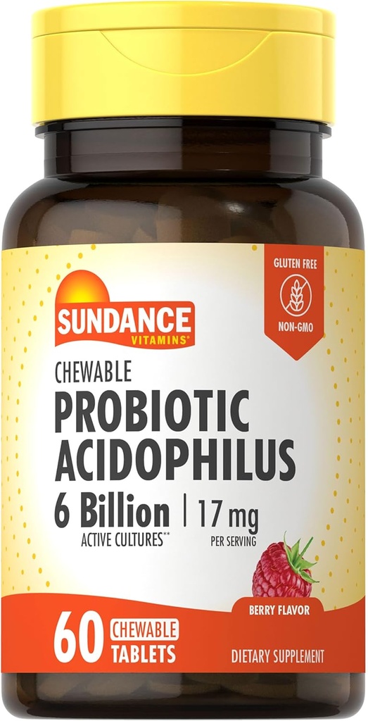[BRSWICAPBQORAFTM] Sundance Probiotic Aciophilus 17mg | 6 Billion Active Cultures | 60 Chewable Tablets | Berry Flavor | Vegetarian, Non-GMO, and Gluten Free Supplement