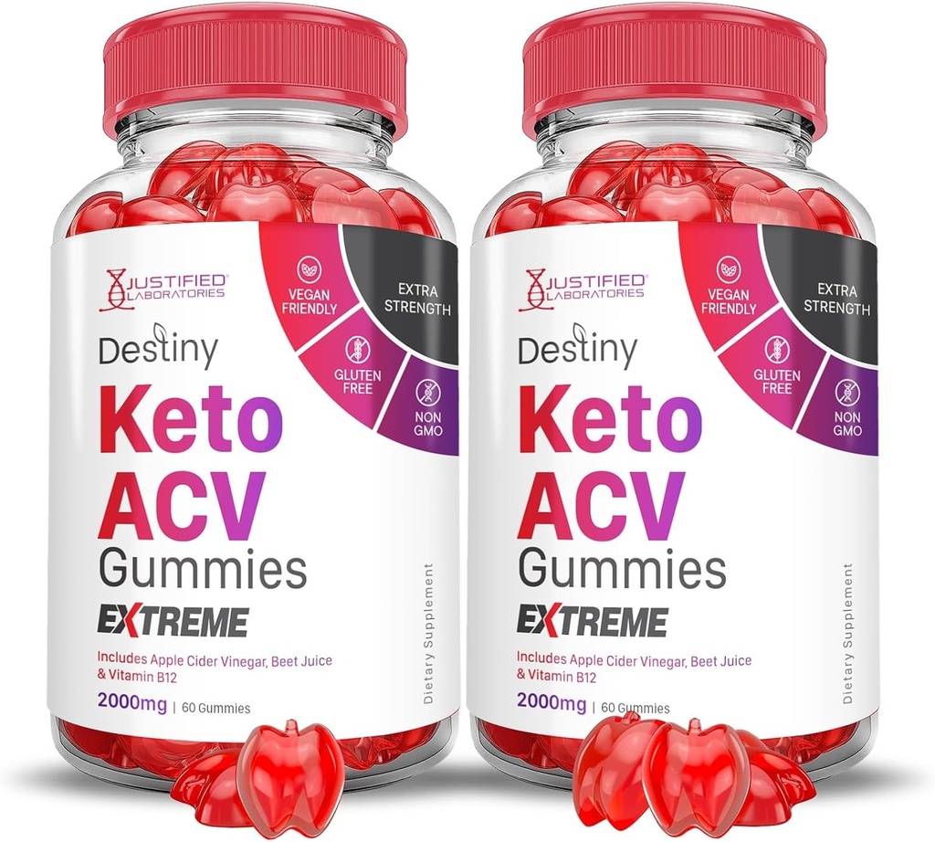 Justified Laboratories (2 Pack Destiny Keto ACV Gummies Extreme 2000MG Destiny Keto Gummies Advanced Formula Apple Cider Vinegar with Pomegranate Beet Juice Powder B12 Vegan Non GMO 120 Gummys