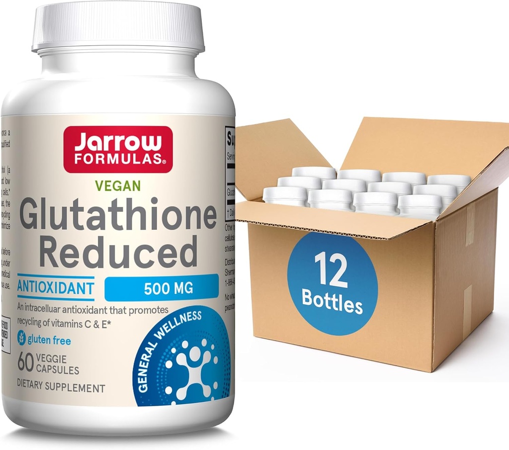 Jarrow Formulas Glutathione Reduced 500mg- 60 Veggie Capsules- Intracellular Antioxidant- Quality Glutathione Supplements- Supports Recycling of Vitamins C & E- Non-GMO- Gluten Free- Vegan, Pack of 12