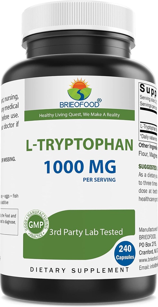 Brieofood L-Tryptophan 1000mg per Serving - 240 Capsules - Supports Poisitive Mood & Relaxation