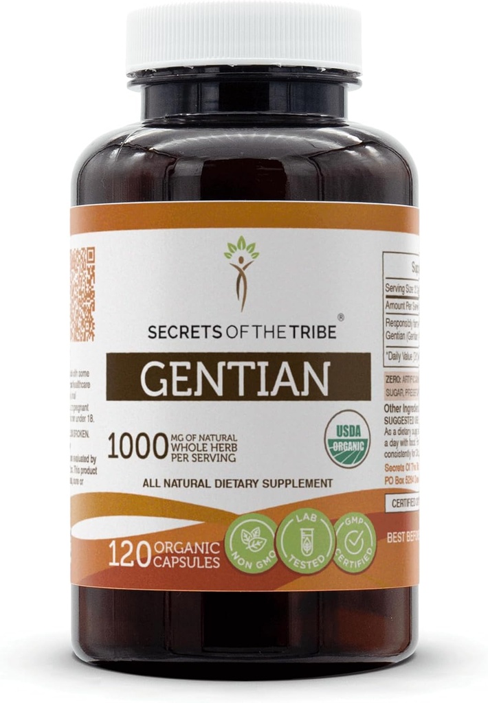 Secrets of the Tribe Gentian USDA Organic 120 Capsules, 1000 mg, Responsibly farmed Organic Gentian (Gentiana Lutea) Dried Root (120 Capsules)