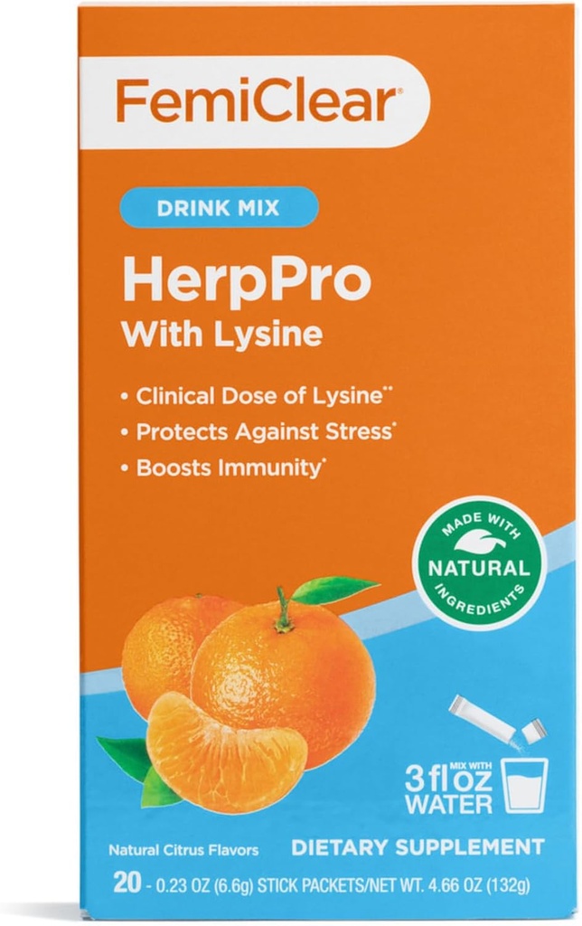 FemiClear HerpEase with L-Lysine 3000mg Dietary Supplement Drink Mix with Zinc 11mg Vitamins A and C 900mg Sensoril Ashwaganda 250mg Stevia Extract 60mg