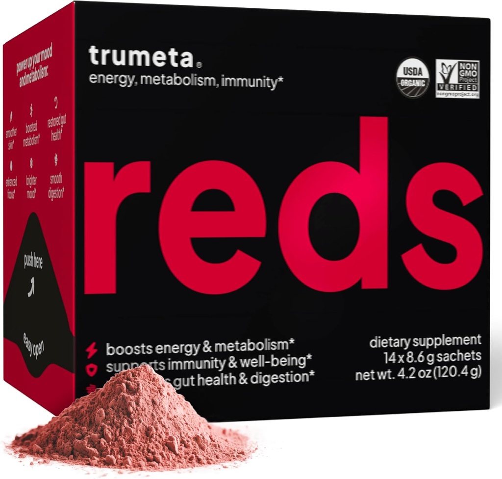 Superfood Reds Powder Packs - for Immune Support and Memory I Reds Superfood Powder Antioxidants Polyphenols Blend with Organic Acai Berry, Goji Berry, Pomegranate - 14 Sachets