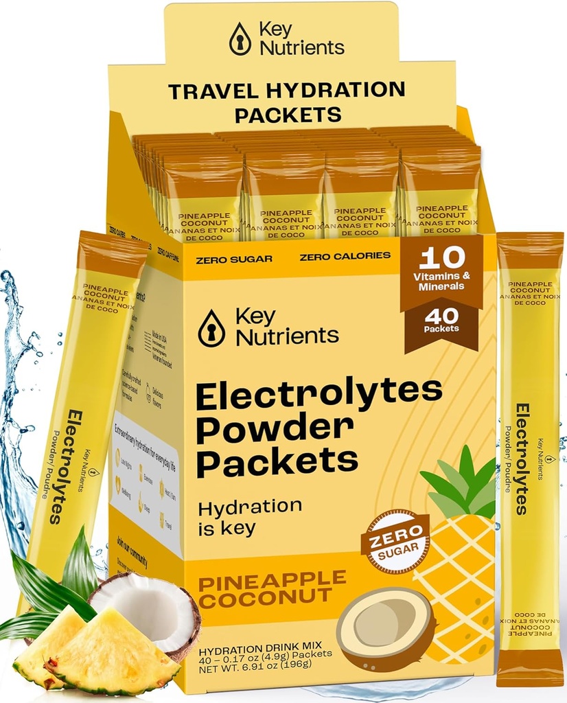 KEY NUTRIENTS Electrolytes Powder Packets - Tropical Pineapple Coconut 40 Pack Hydration Packets - Travel Hydration Powder - No Sugar, No Calories, Gluten Free Keto Electrolytes Powder - Made in USA