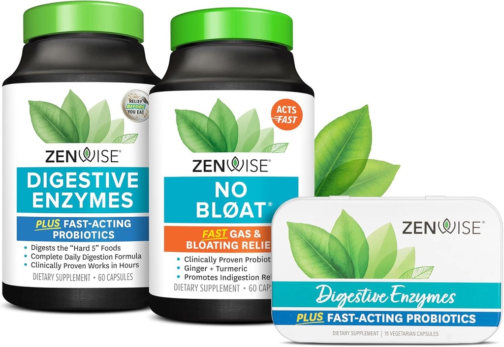 Zenwise Health Digestive Bliss Bundle Digestive Enzymes + No Bloat + Free Digestive Enzymes Travel Tin - pre and Post Meal Digestive Routine with enzymes and probiotics for Digestive Health