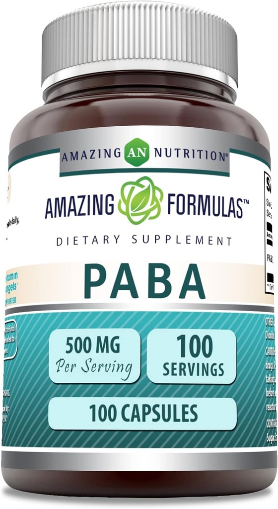 Amazing Formulas PABA 500 Mg Supplement | Capsules | Non-GMO | Gluten-Free | Made in USA (1 Pack | 100 Count)