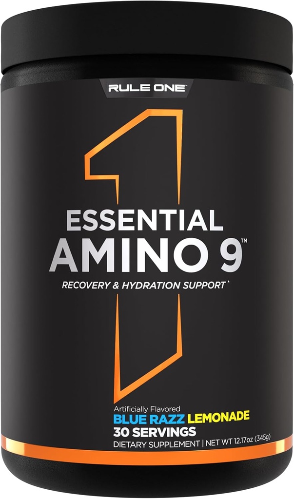 Rule 1 Essential Amino 9 – Recovery & Hydration Support with 7.5g of Essential Amino Acids + Electrolytes (30 Servings, Blue Razz Lemonade)