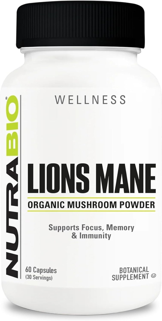 [BRSROEDYCABR62Q4] NutraBio Lions Mane Supplement Capsules- Organic Lion's Mane Mushroom Powder (500mg)- Focus, Memory, Immunity - 60 Vegetable Capsules