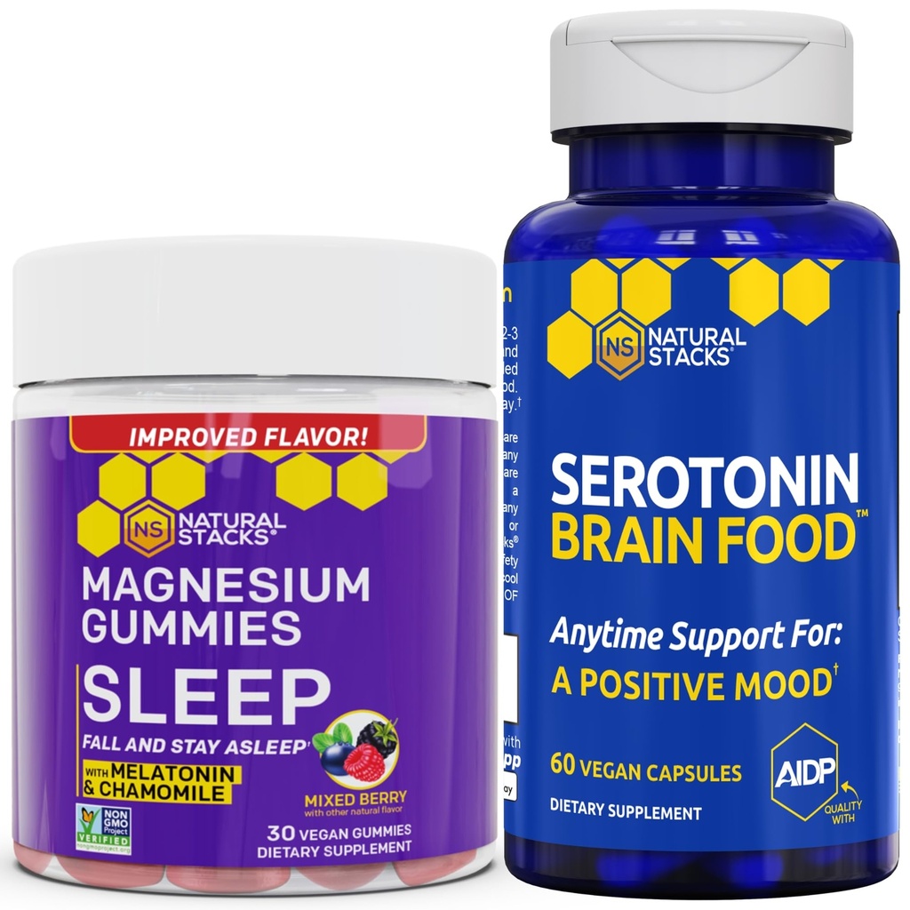 NATURAL STACKS Sleep Magnesium Gummies + Serotonin Brain Food Bundle - Supports Quality Sleep & Positive Mood* - 90 Total Pieces