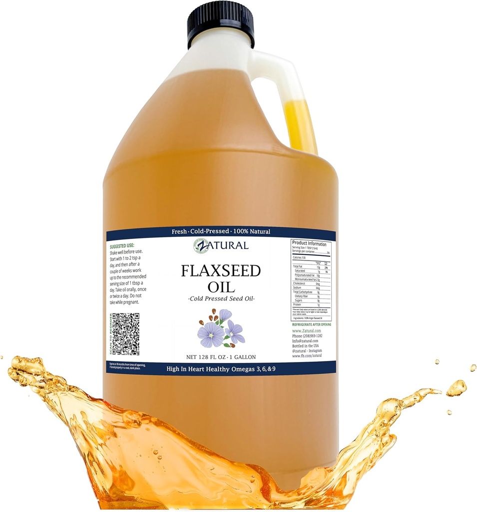 Zatural Flaxseed Oil Naturally Grown 100% Pure Flax Seeds Cold Pressed Vegan Omega Fatty Acids 128oz (1 Gallon)
