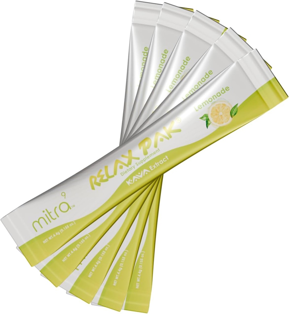 Mitra9 Kava Powder RelaxPak - Lemonade Kava Extract Powder Packets | Mood Enhancer | Plant Based | Promotes Natural Calm & Clarity | Easy Open Single-Serving Stick (5)