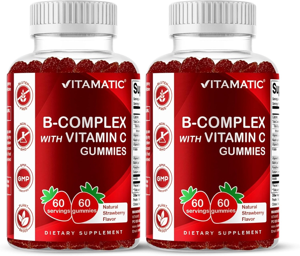 Vitamatic Vitamin B Complex Gummies with Vitamin C & Inositol - Natural Strawberry Flavor - 60 Gummies (2 Bottles)