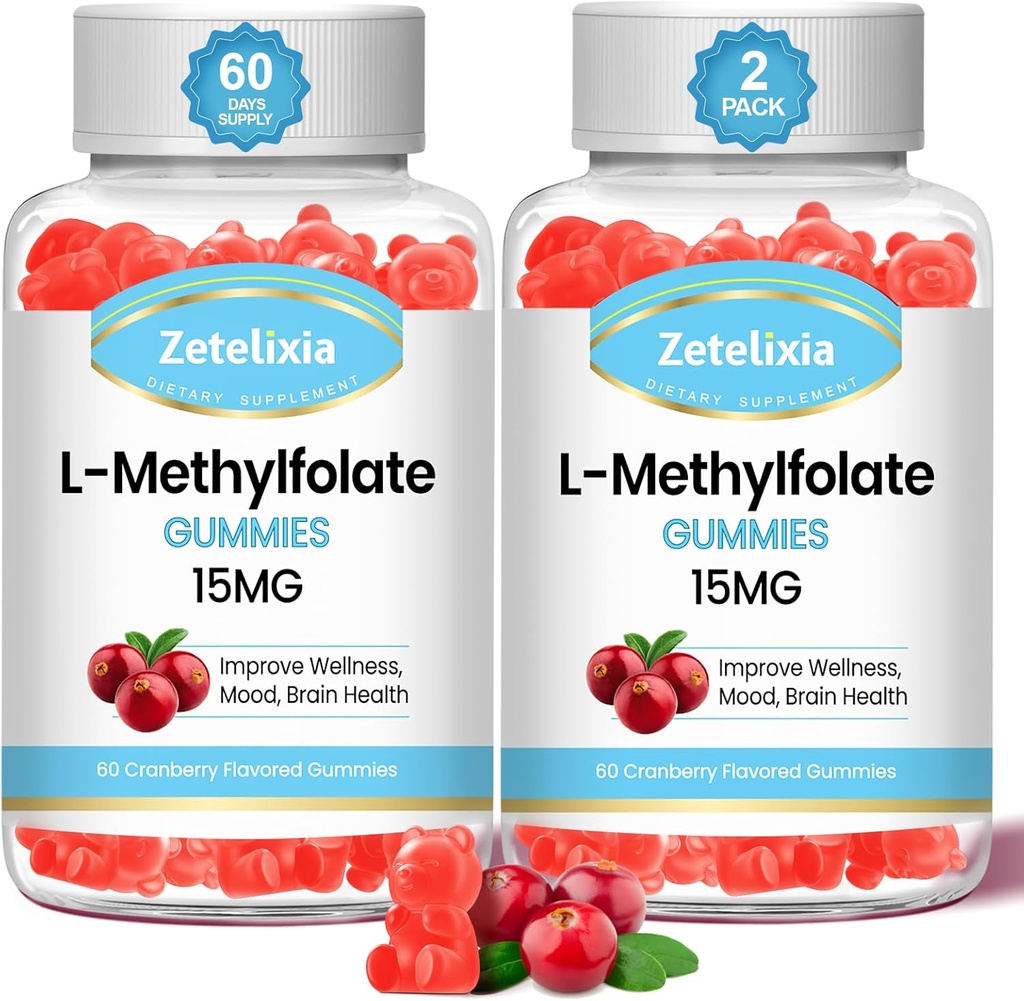 2 Pack L-Methylfolate 15mg & Methyl B12 Gummies, Folate Supplement for Brain Health, Mood & Immunity, DNA Synthesis & Repair, Sugar Free, Vegan, Cranberry Flavor, 120 Count