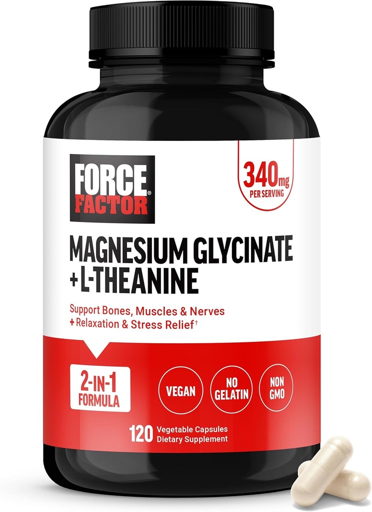 Force Factor Magnesium + L-Theanine, Magnesium Bisglycinate Supplement to Support Bones, Muscles, Nerves, Relaxation, and Mood, Vegan, No Gelatin, Non-GMO, 120 Vegetable Capsules