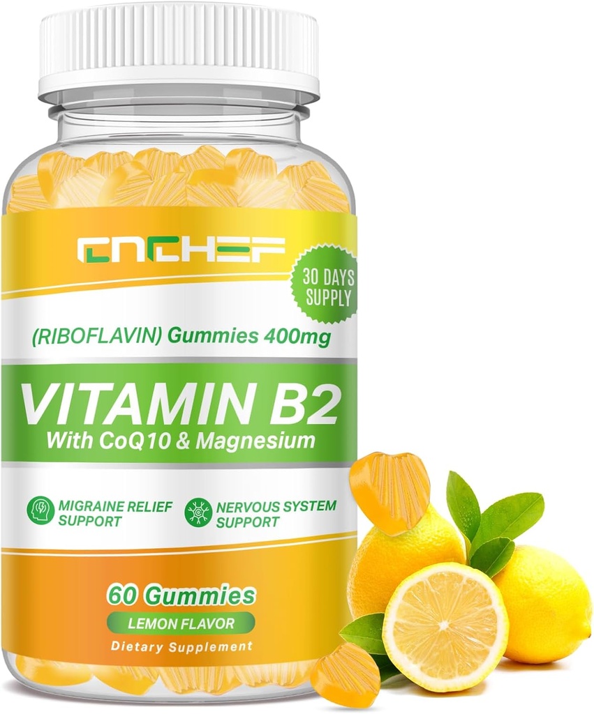 Vitamin B2 Gummies, Riboflavin 400mg Supplement with Magnesium Glycinate & CoQ10 for Adults & Kids, Support Migraine Relief & Nervous System, Boost Energy, Sugar Free Vegan B2 Gummies Lemon Flavor