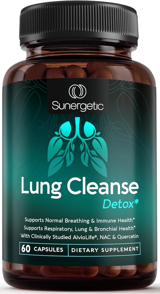 Sunergetic Premium Lung Support Supplement - Lung Cleanse & Detox Supplement With Mullein Leaf, NAC, Bromelain & Boswellia-Lung Health Formula for Respiratory, Breathing & Bronchial Health-60 Capsules