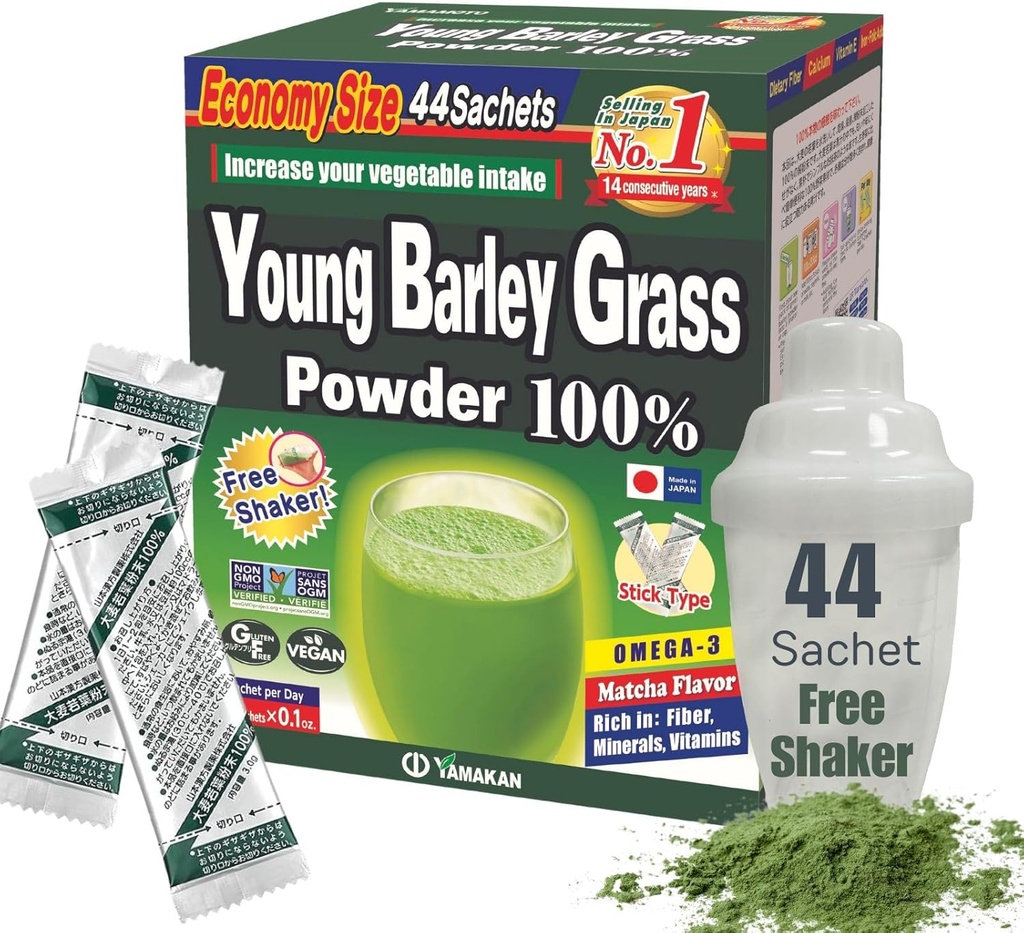 by YAMAKAN Young Barley Grass Powder, Grass Juice for Health & Vitality, Rich in Vitamins, Minerals & Plant-Based Protein for Women & Men, Non GMO, Gluten-Free & Vegan, 44 Count
